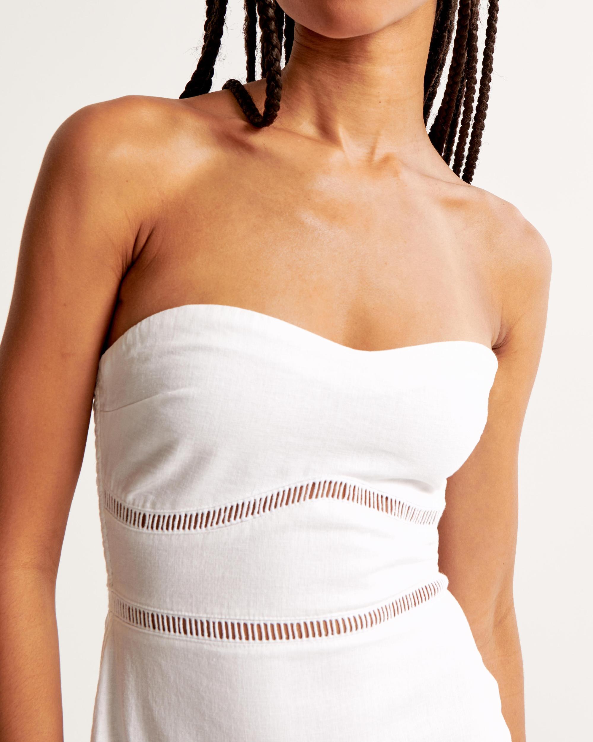 Linen-Blend Strapless Lace-Trim Midi Dress Product Image