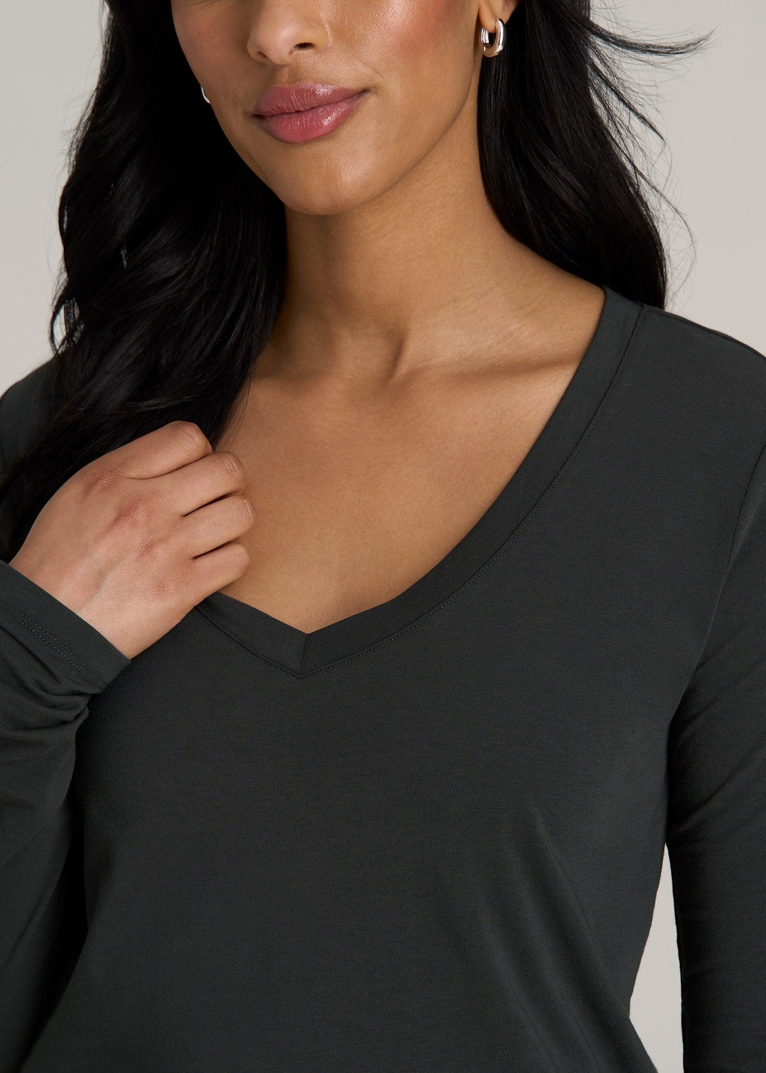 Long Sleeve Scoop V-Neck Tee Shirt for Tall Women in Pine Grove Product Image