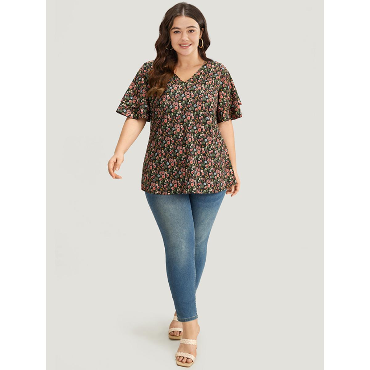 Plus Size BlackFlower Floral Print Layered Ruffle Sleeve Blouse Women Elegant Short sleeve V-neck Dailywear Blouses BloomChic 28/5X Product Image