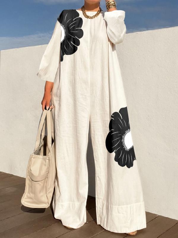 Long Sleeves Loose Flower Print Round-Neck Jumpsuits Product Image