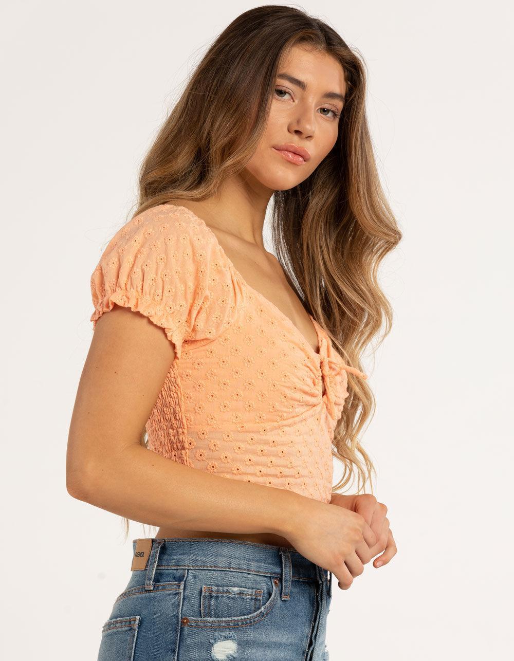 RSQ Womens Eyelet Keyhole Puff Sleeve Top - PEACH Product Image