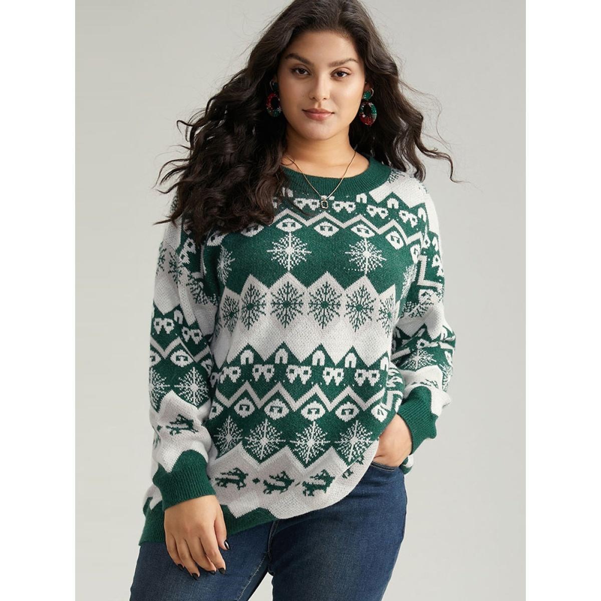Plus Size Anti-Pilling Christmas Crew Neck Pullover DarkGreen Women Casual Long Sleeve Round Neck Festival-Christmas Pullovers BloomChic 28/5X Product Image