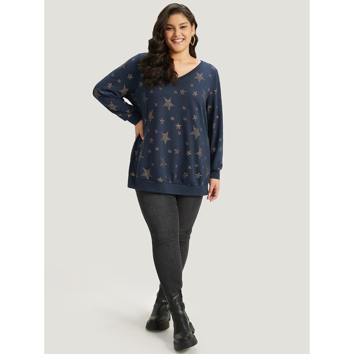 Plus Size Star Glitter Print V Neck Elastic Cuffs Sweatshirt Women Indigo Casual Elastic cuffs V-neck Dailywear Sweatshirts BloomChic 22-24/3X Product Image