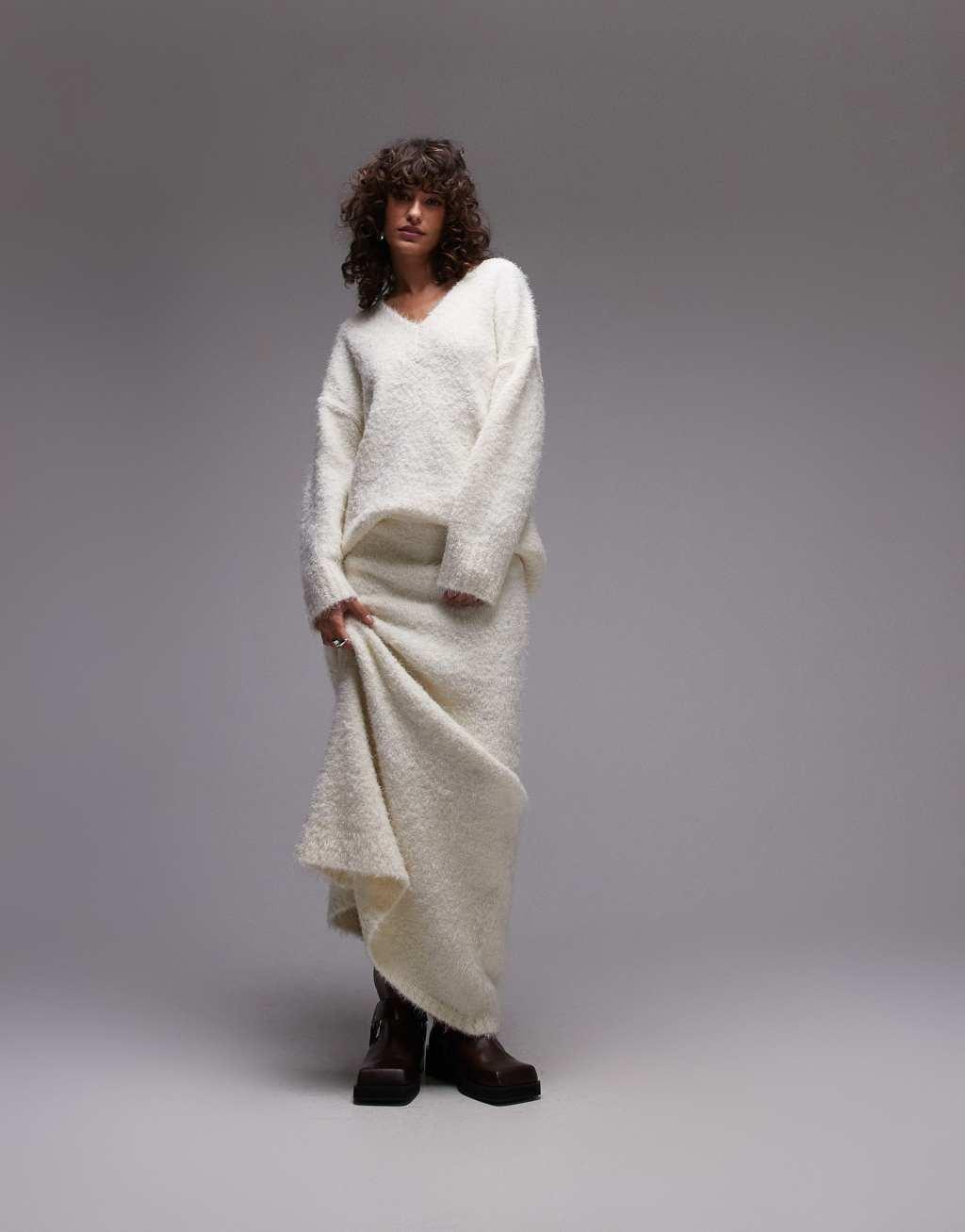 Topshop knit V-neck fluffy oversized sweater in cream - part of a set Product Image