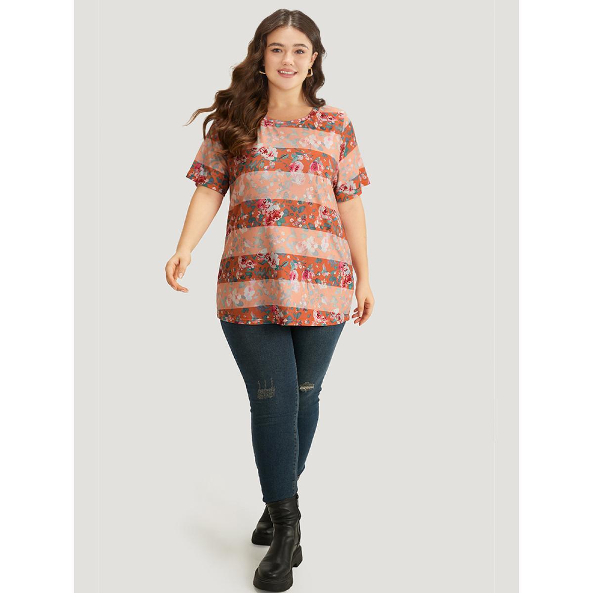 Plus Size Halloween Floral Print Striped Crew Neck T-shirt Multicolor Women Casual Printed Plants Round Neck Festival-Halloween T-shirts BloomChic 12/L Product Image