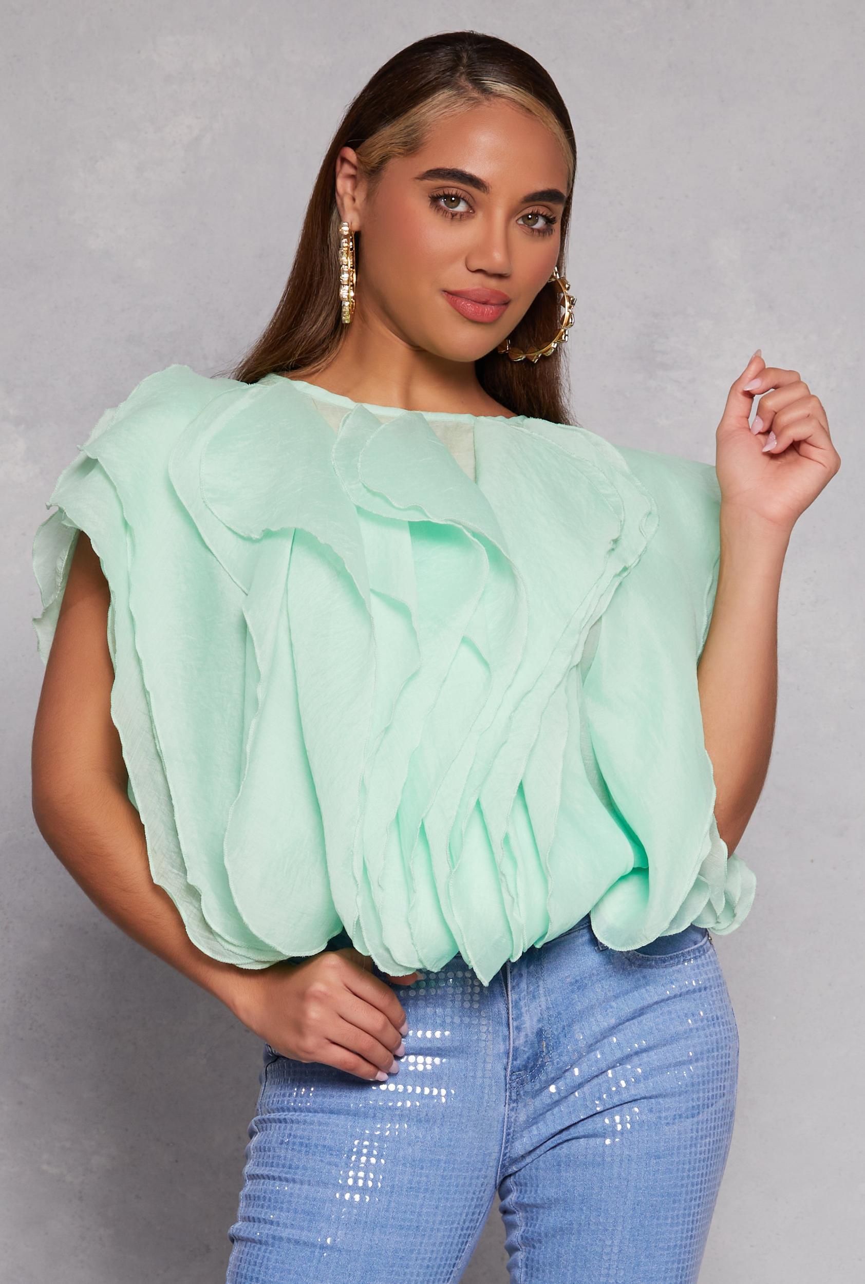 Womens Organza Ruffled Tie Back Keyhole Blouse Product Image