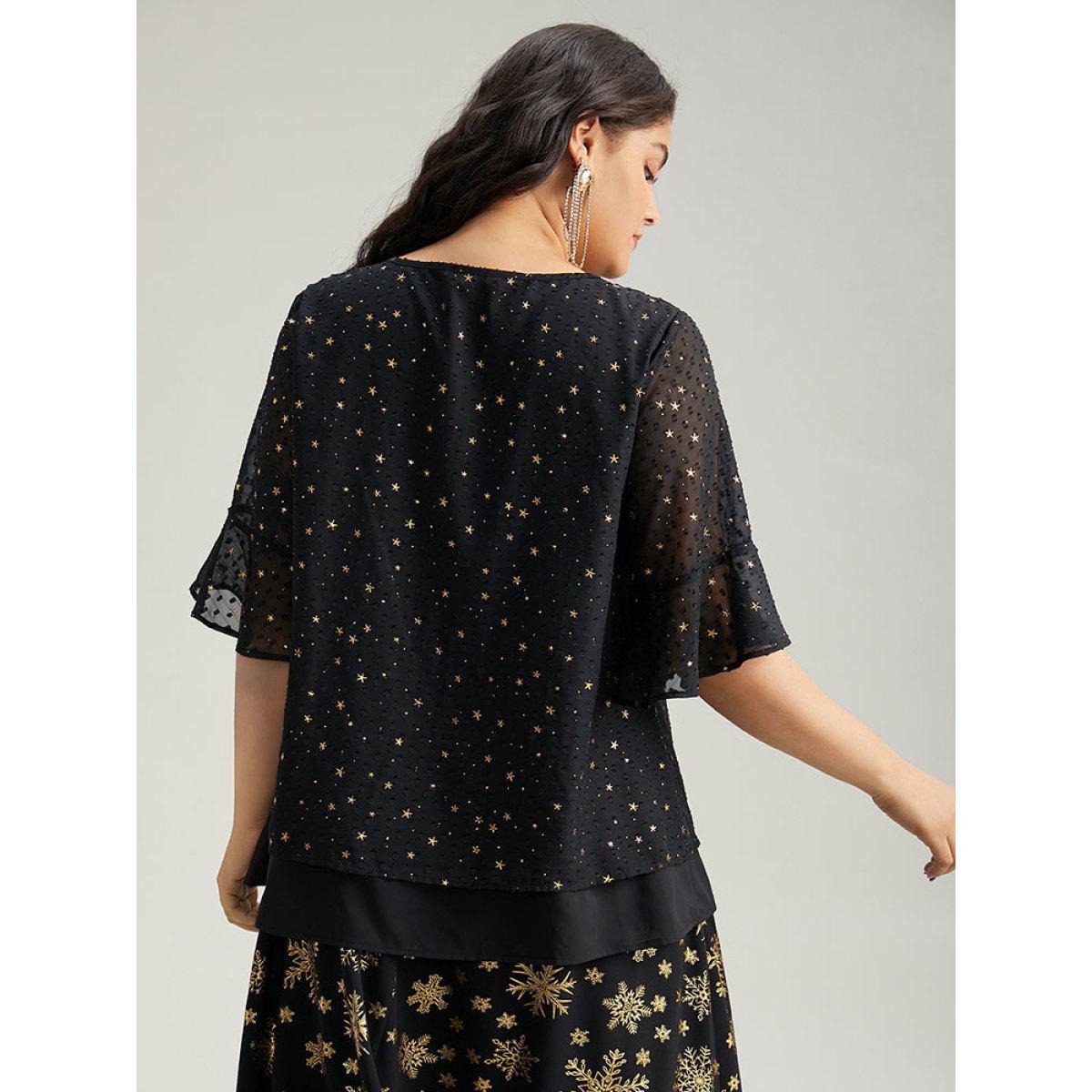Plus Size Black Star Glitter Flutter Sleeve Mesh Blouse Women Glamour Half Sleeve Round Neck Festival-Christmas Blouses BloomChic 22-24/3X Product Image