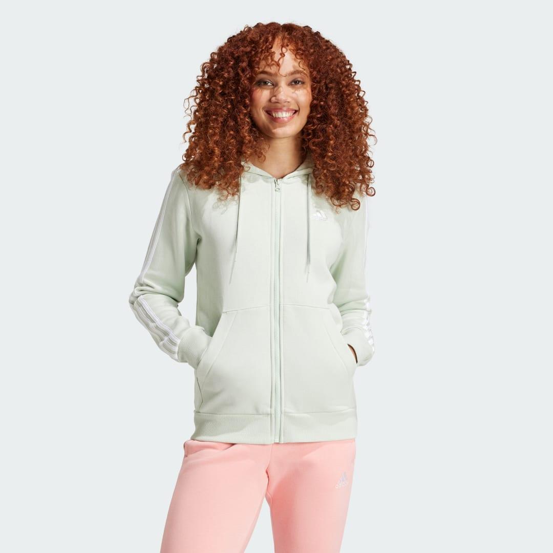 adidas Essentials 3-Stripes Full-Zip Fleece Hoodie Linen Green S Womens Product Image