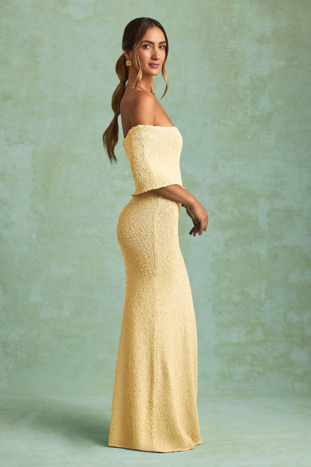 Bouclé Off-Shoulder Maxi Dress in Yellow Product Image