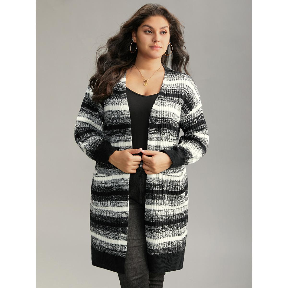 Plus Size Ombre Heather Patched Pocket Cardigan Black Women Casual Loose Long Sleeve Everyday Cardigans BloomChic 18-20/2X Product Image