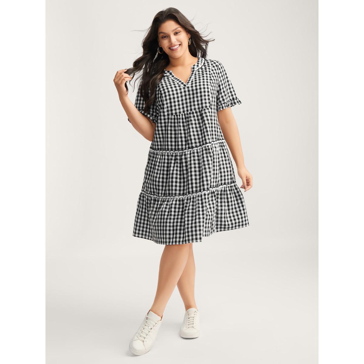 Plus Size Checkered Lace Trim Tiered Midi Dress Black Women Woven ribbon&lace trim Flat collar with V-notch Short sleeve Curvy BloomChic 18-20/2X Product Image