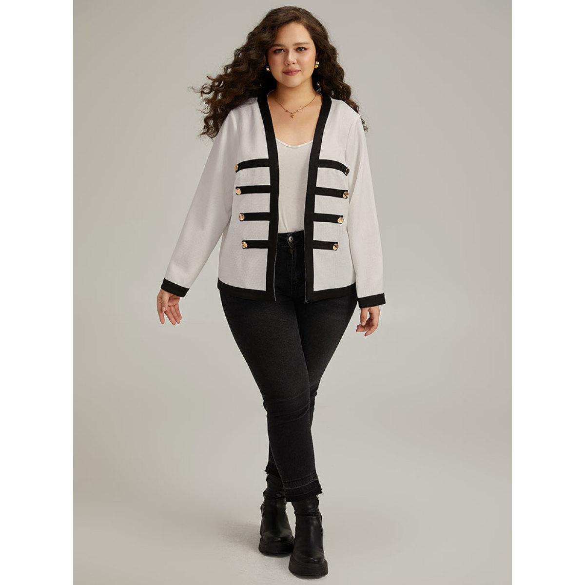 Plus Size Striped Patchwork Button Detail Contrast Jacket Women White Casual Contrast Ladies Dailywear Winter Coats BloomChic 10/M Product Image