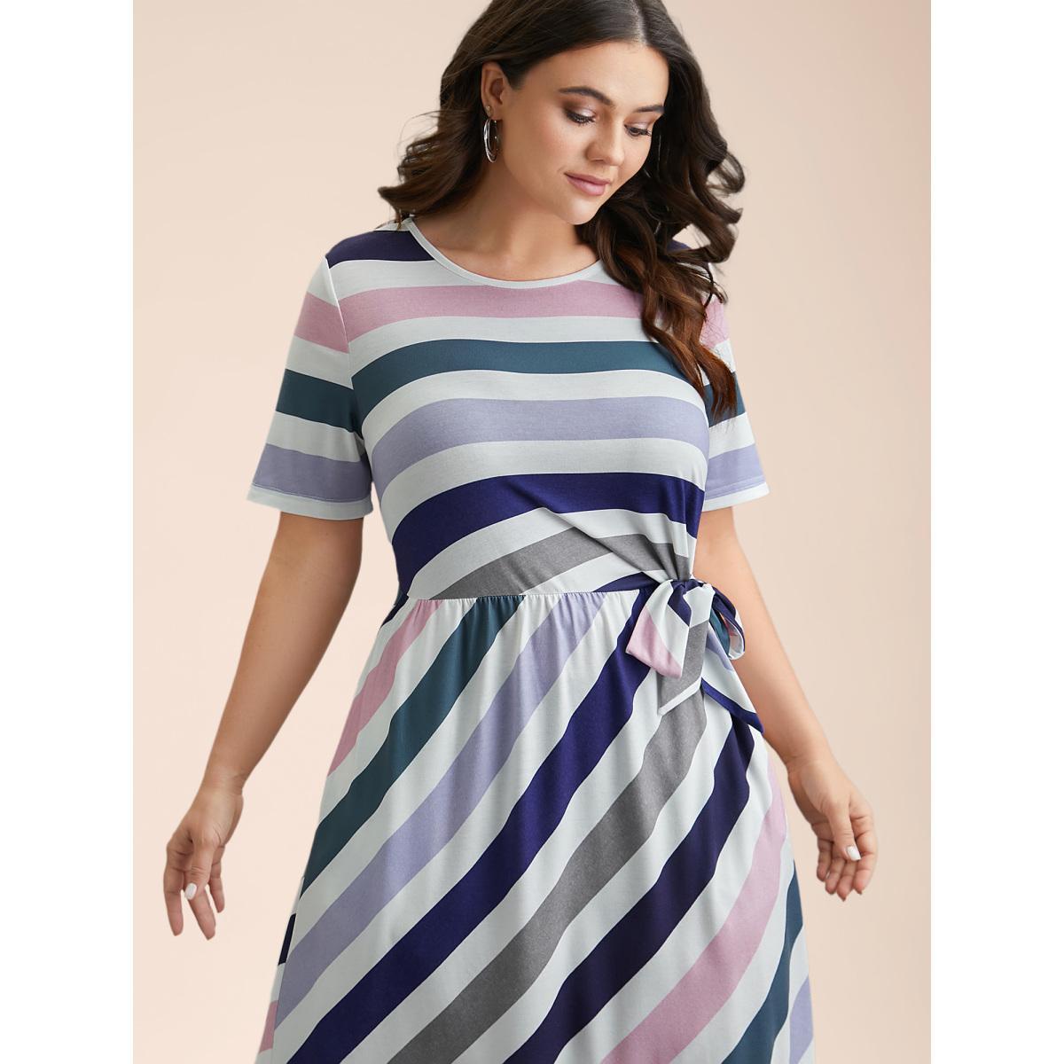 Plus Size Striped Waist-Tie Half Sleeve Midi Dress Multicolor Women Casual Tie knot Knit Dresses Bloomchic 18-20/2X Product Image