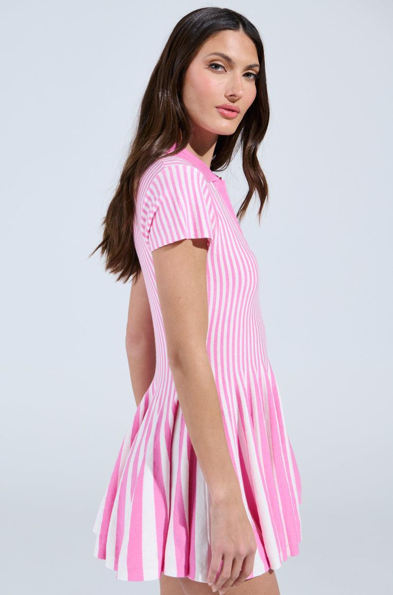 ALINA PLEATED KNIT FIT AND FLARE MINI DRESS IN PINK MULTI Product Image