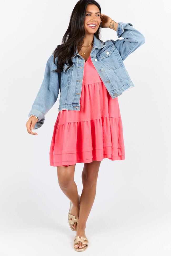 Planning Ahead Coral Waffle Knit Short Sleeve V-neck Dress SALE Product Image