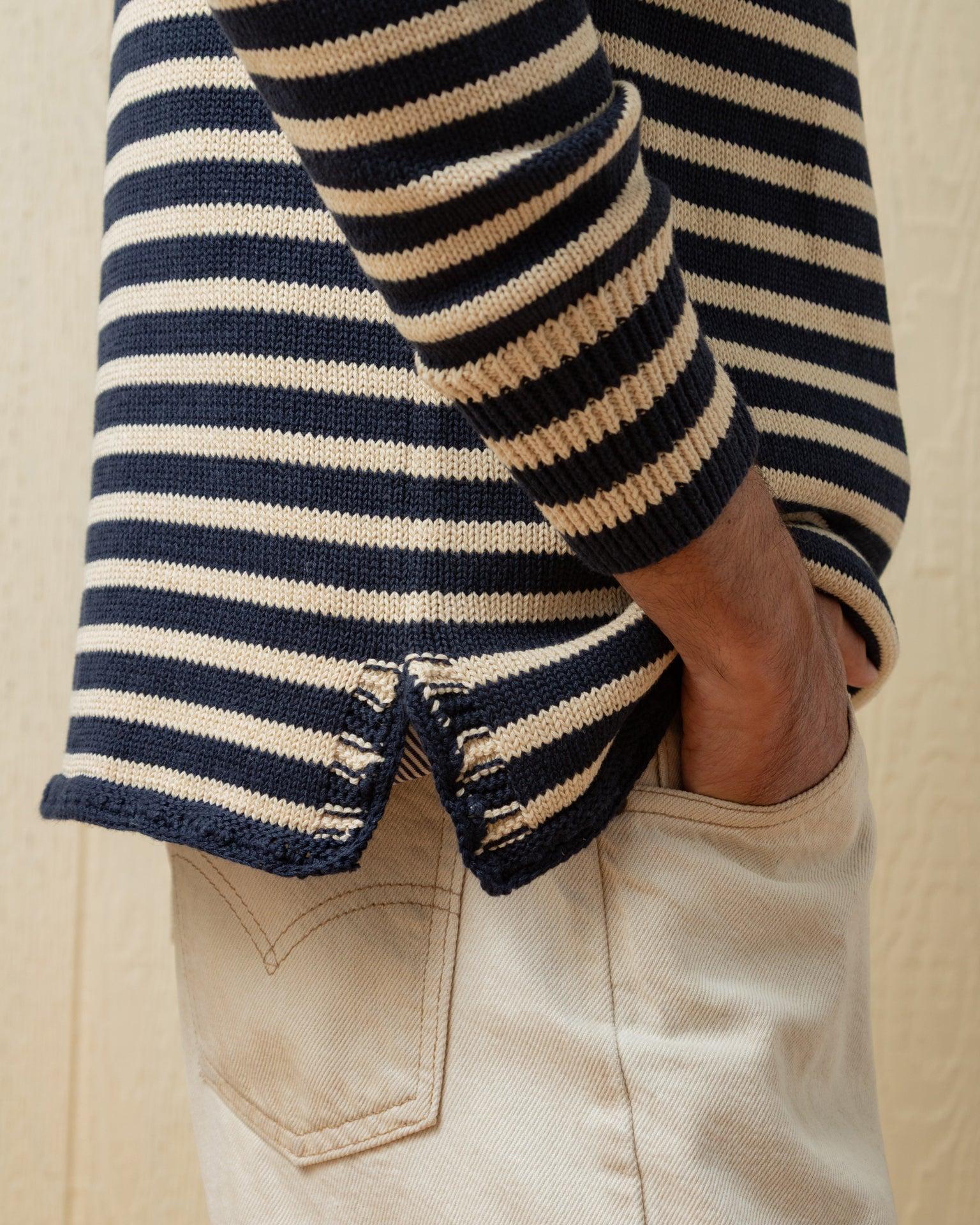 Cotton/Linen Fisherman's Sweater in Navy/Sand Even Stripe Product Image