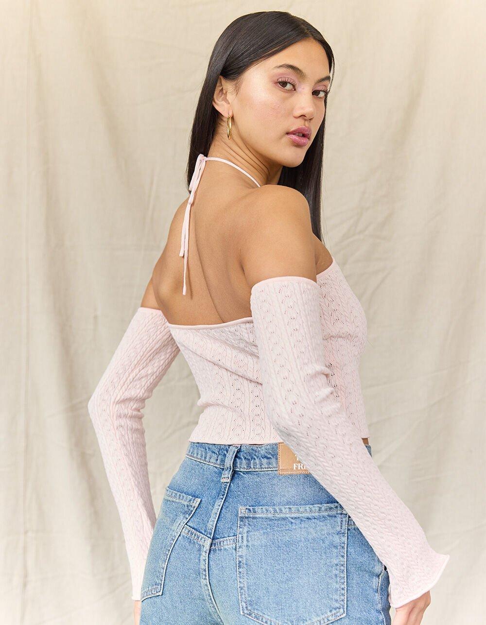 WEST OF MELROSE Long Sleeve Off The Shoulder Y Neck Open Knit Womens Sweater - PINK Product Image