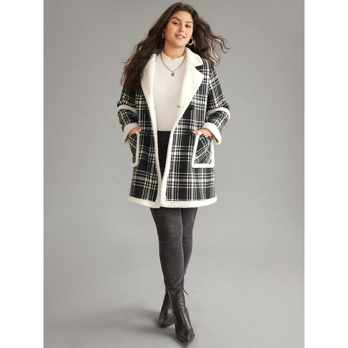Plus Size Lapel Collar Plaid Pocket Fuzzy Trim Coat Women Black Casual Lined Ladies Dailywear Winter Coats BloomChic 12/L Product Image