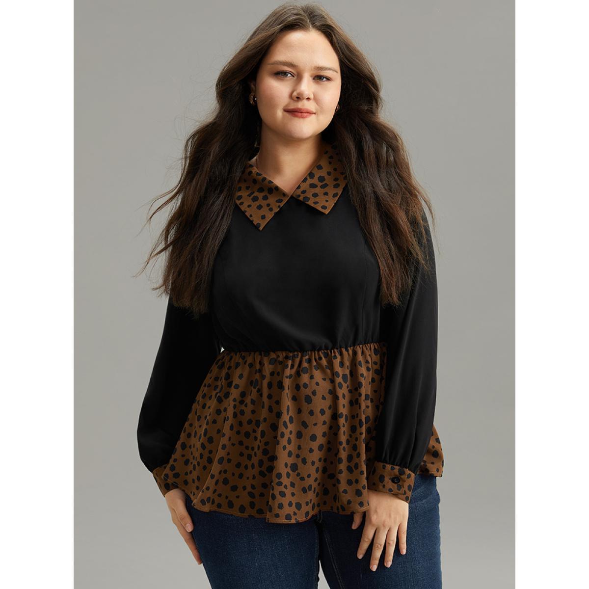 Plus Size Black Leopard Patchwork Elastic Waist Blouse Women Elegant Long Sleeve Lapel Collar Dailywear Blouses BloomChic 26/4X Product Image