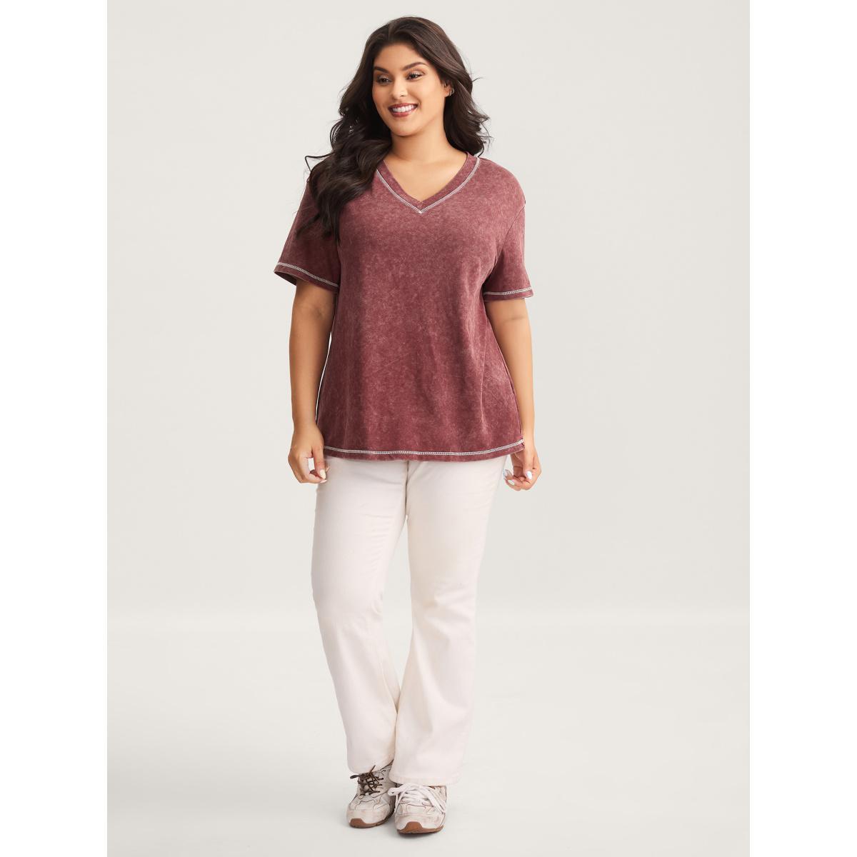 Plus Size Vintage Stretchy V-Neck T-Shirt Russet Women Topstitching V-neck Everyday-Casual T-shirts BloomChic 10/M Product Image