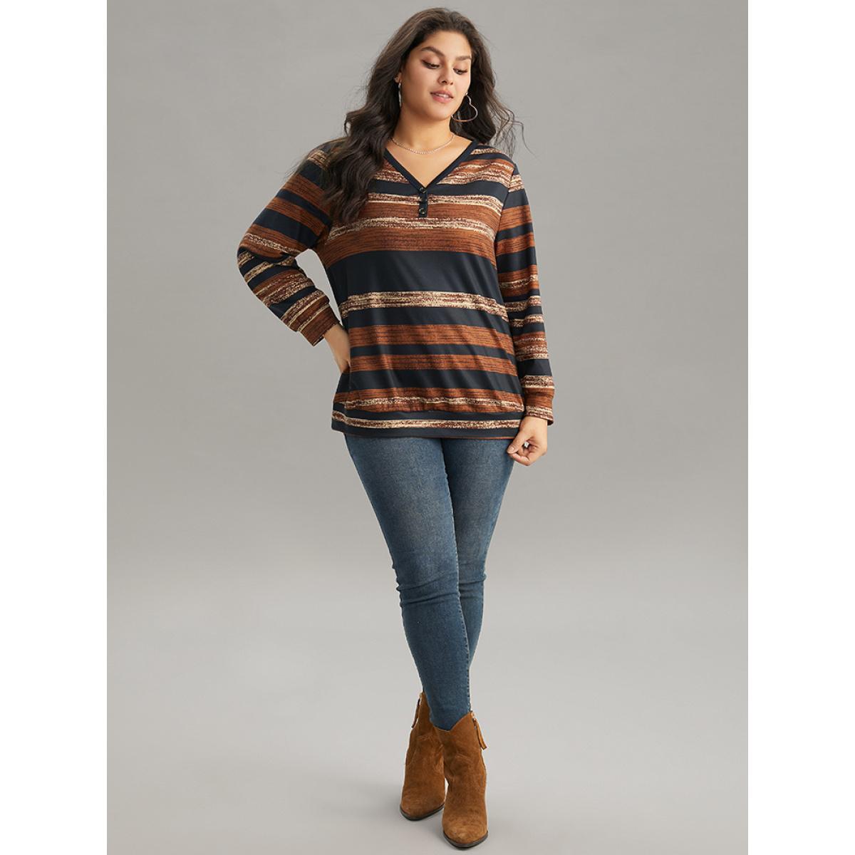 Plus Size Colour Striped Button Up Sweatshirt Women Multicolor Elegant Contrast V-neck Dailywear Sweatshirts BloomChic 26/4X Product Image