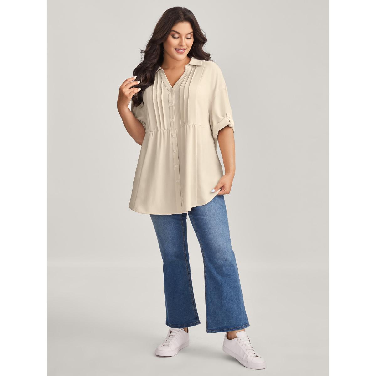 Plus Size Apricot Toothpick Pleats Tab Sleeve Long Blouse Women Elbow-length sleeve Shirt collar Everyday-Casual Blouses BloomChic 22-24/3X Product Image