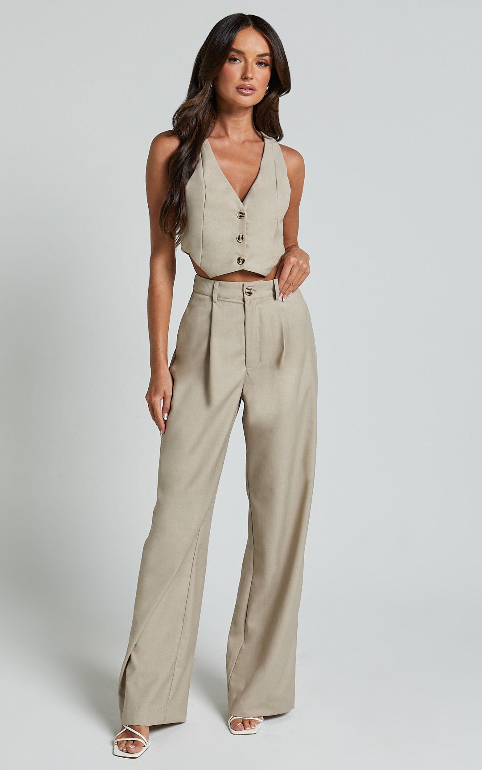 Izara Vest - V Neck Button Up Cropped Vest in Oatmeal Product Image