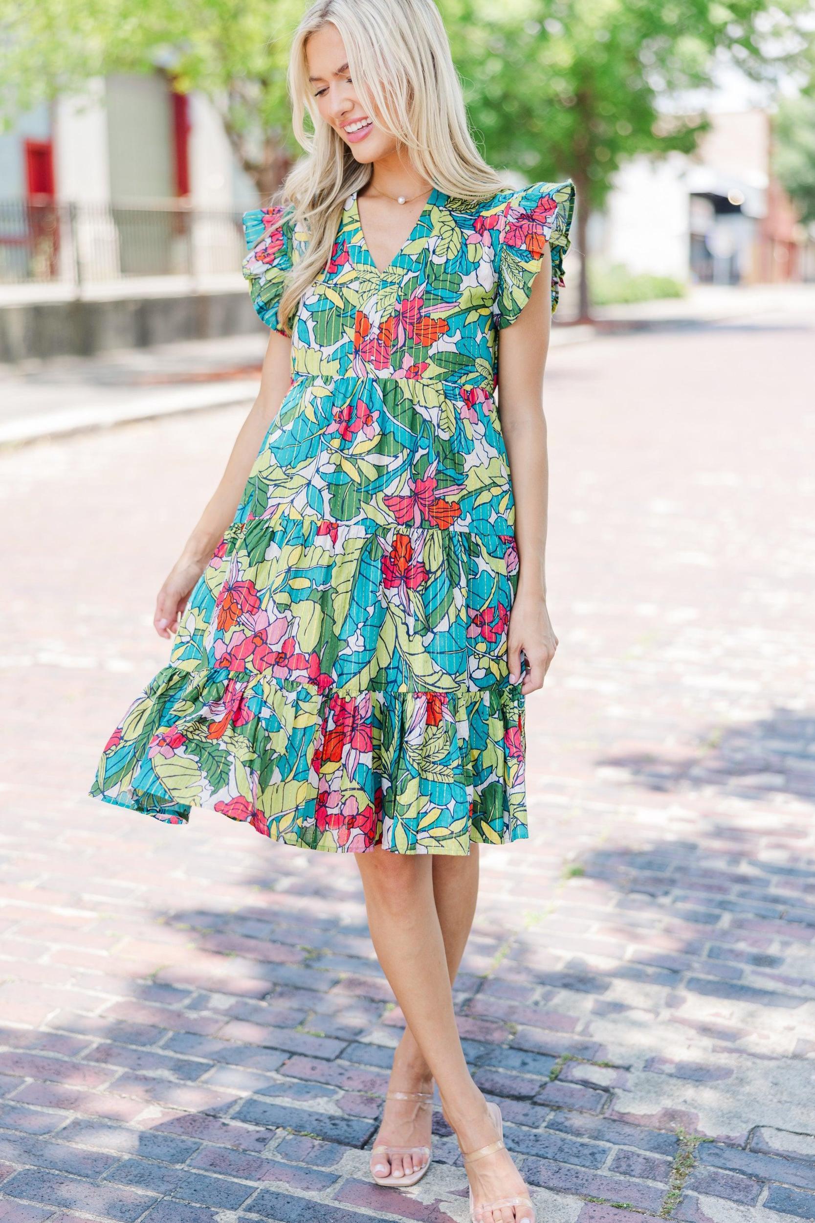 Make It Your Own Green Tropical Tiered Dress Female Product Image