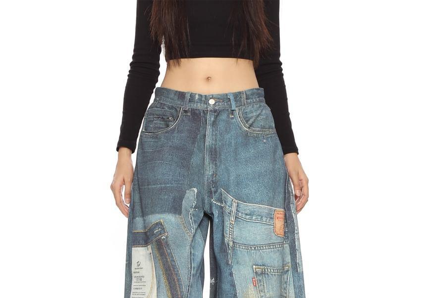 Mid Rise Patchwork Washed Wide Leg Jeans Product Image
