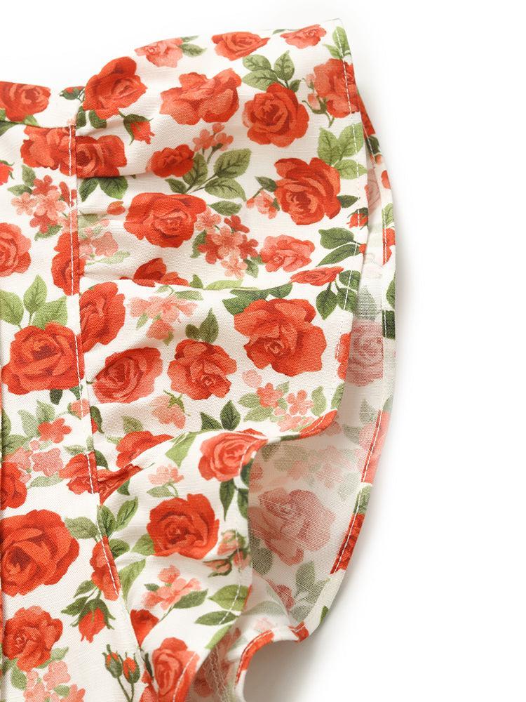 Rose Print Ruffle Sleeves Mandarin Collared Women Mini Dress Product Image