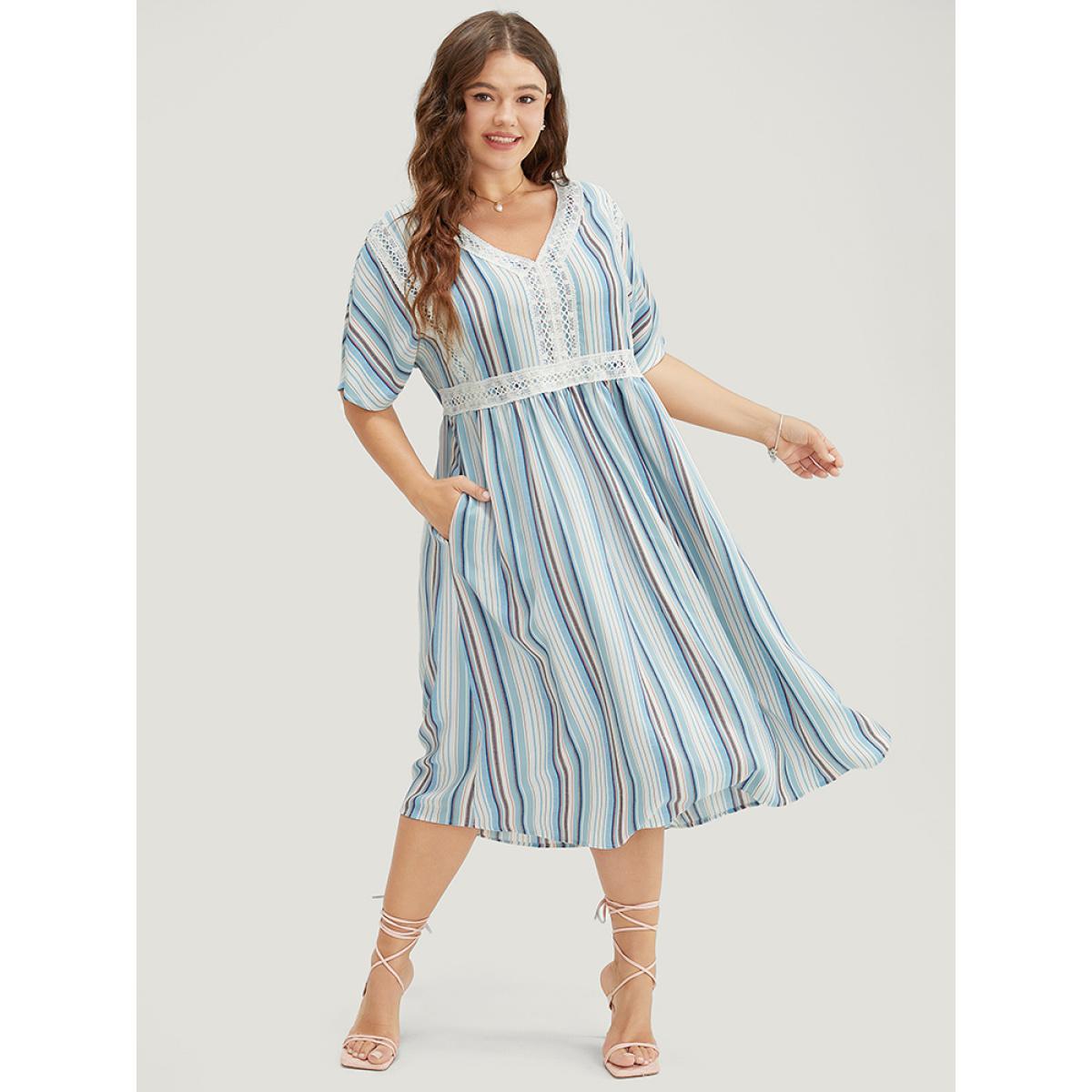 Plus Size Striped Contrast Pocket Lace Batwing Sleeve Midi Dress Blue Women Vacation Patchwork V-neck Short sleeve Curvy Midi Dress BloomChic 28/5X Product Image