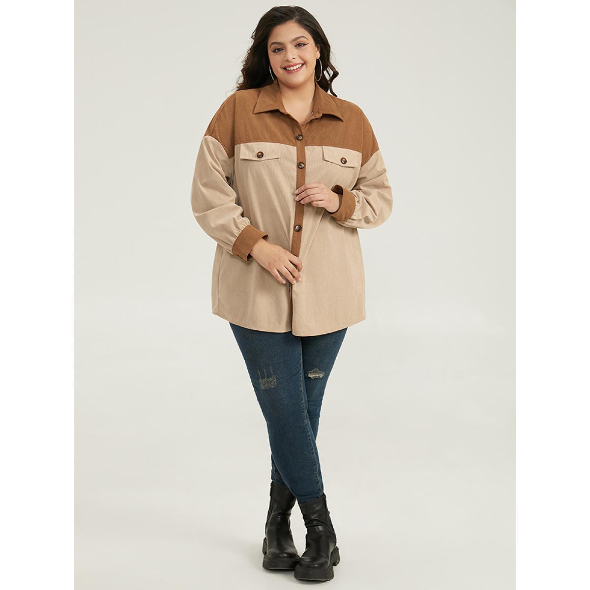 Plus Size Two Tone Button Through Patchwork Coat Women Tan Casual Contrast Ladies Dailywear Winter Coats BloomChic 30/6X Product Image