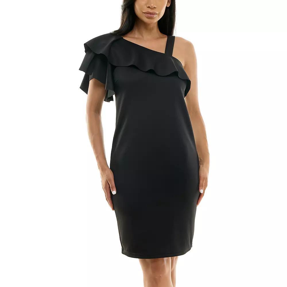 Women's Nina Leonard One-Shoulder Ruffled Dress, Size: Large, Black Product Image