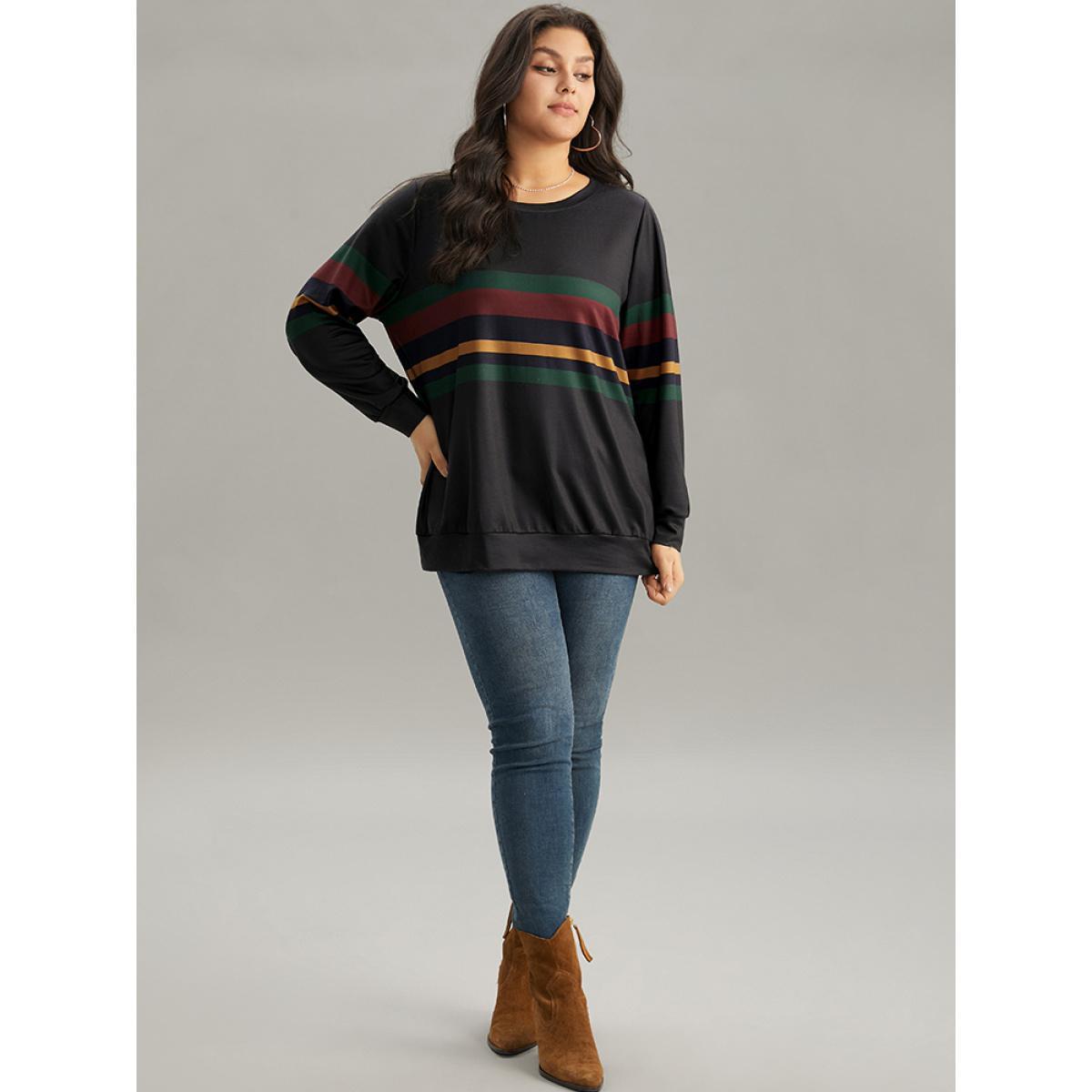 Plus Size Contrast Striped Basic Crew Neck Sweatshirt Women Black Casual Contrast Round Neck Dailywear Sweatshirts BloomChic 26/4X Product Image