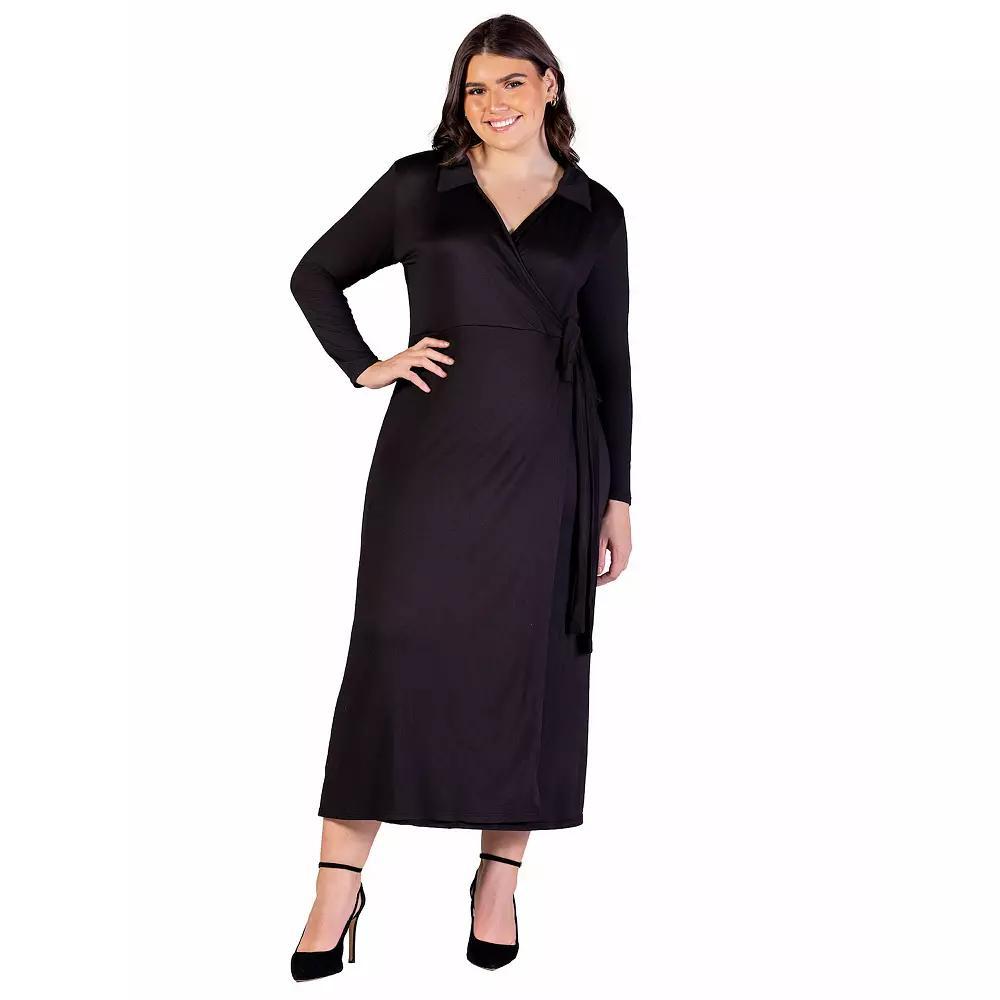 Plus Size 24Seven Comfort Apparel Comfortable Collared Wrap Maxi Dress, Women's, Size: 3XL, Black Product Image