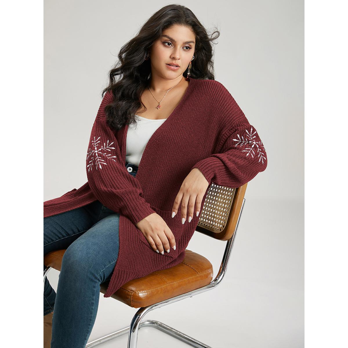 Plus Size Snowflake Embroidered Patched Pocket Cardigan Scarlet Women Casual Loose Long Sleeve Festival-Christmas Cardigans BloomChic 22-24/3X Product Image