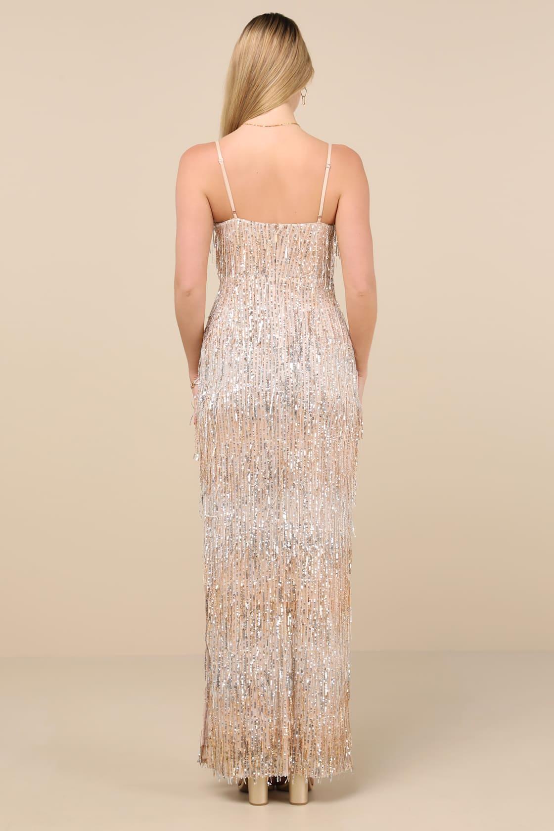 Sashi Gold Sequin Fringe Maxi Dress Product Image