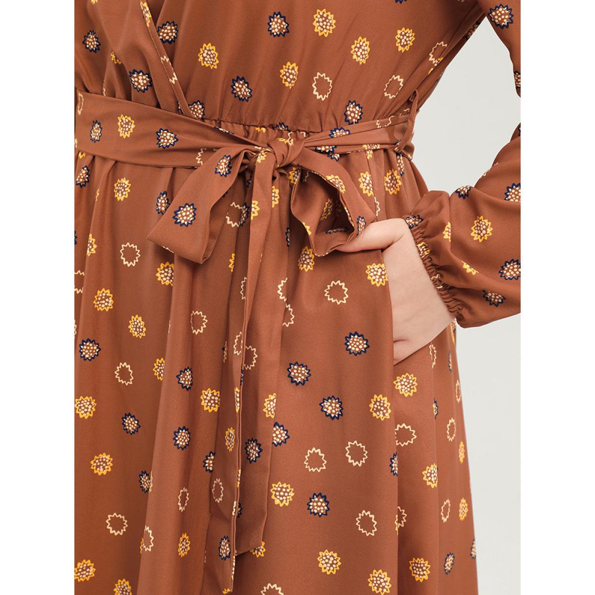 Plus Size Polka Dot Lantern Sleeve Pocket Belted Surplice Neck Maxi Dress Bronze Women Vacation V-neck Long Sleeve Curvy Long Dress BloomChic 12/L Product Image