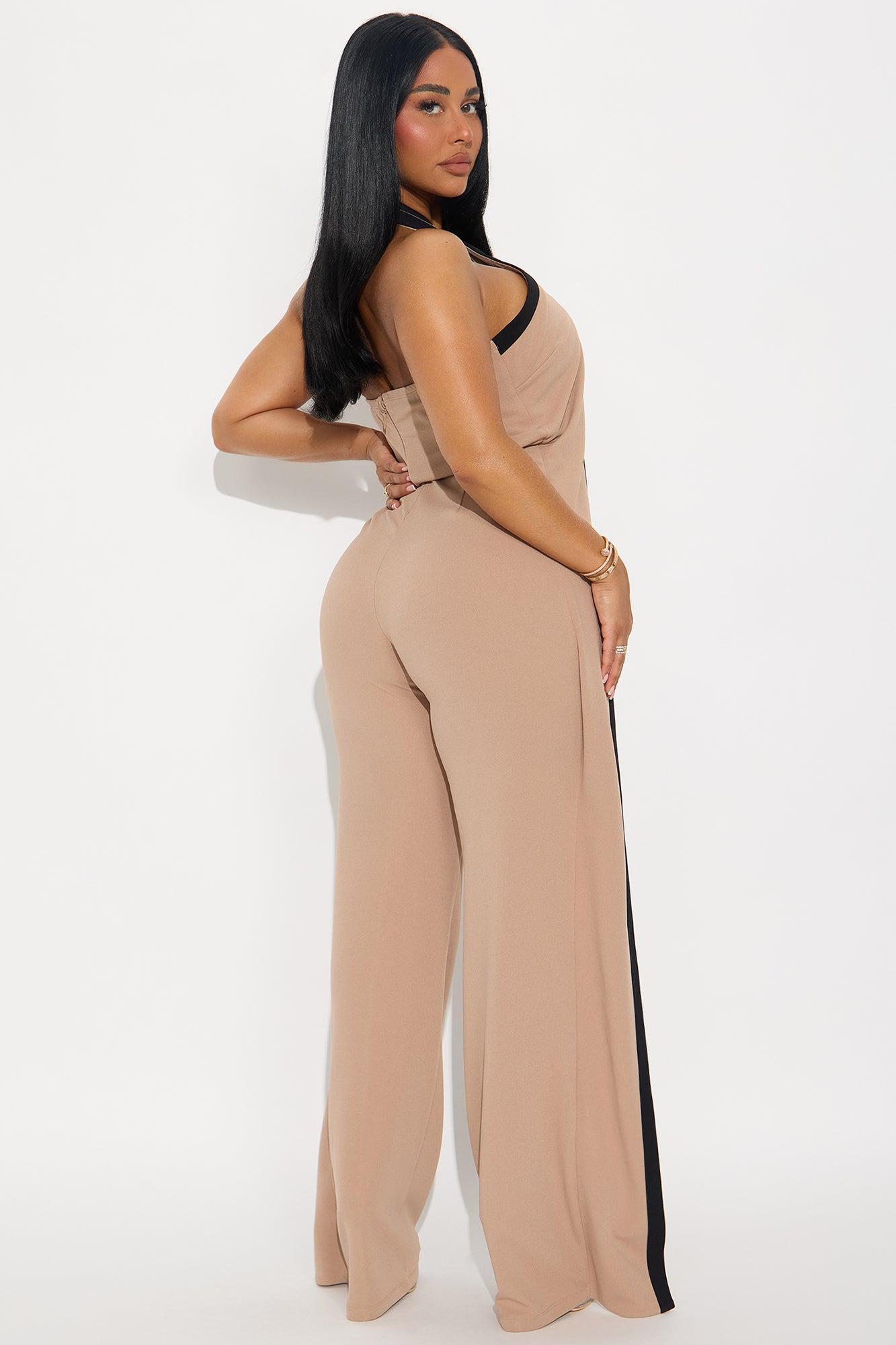 For The Moment Draped Halter Jumpsuit - Taupe/combo Product Image