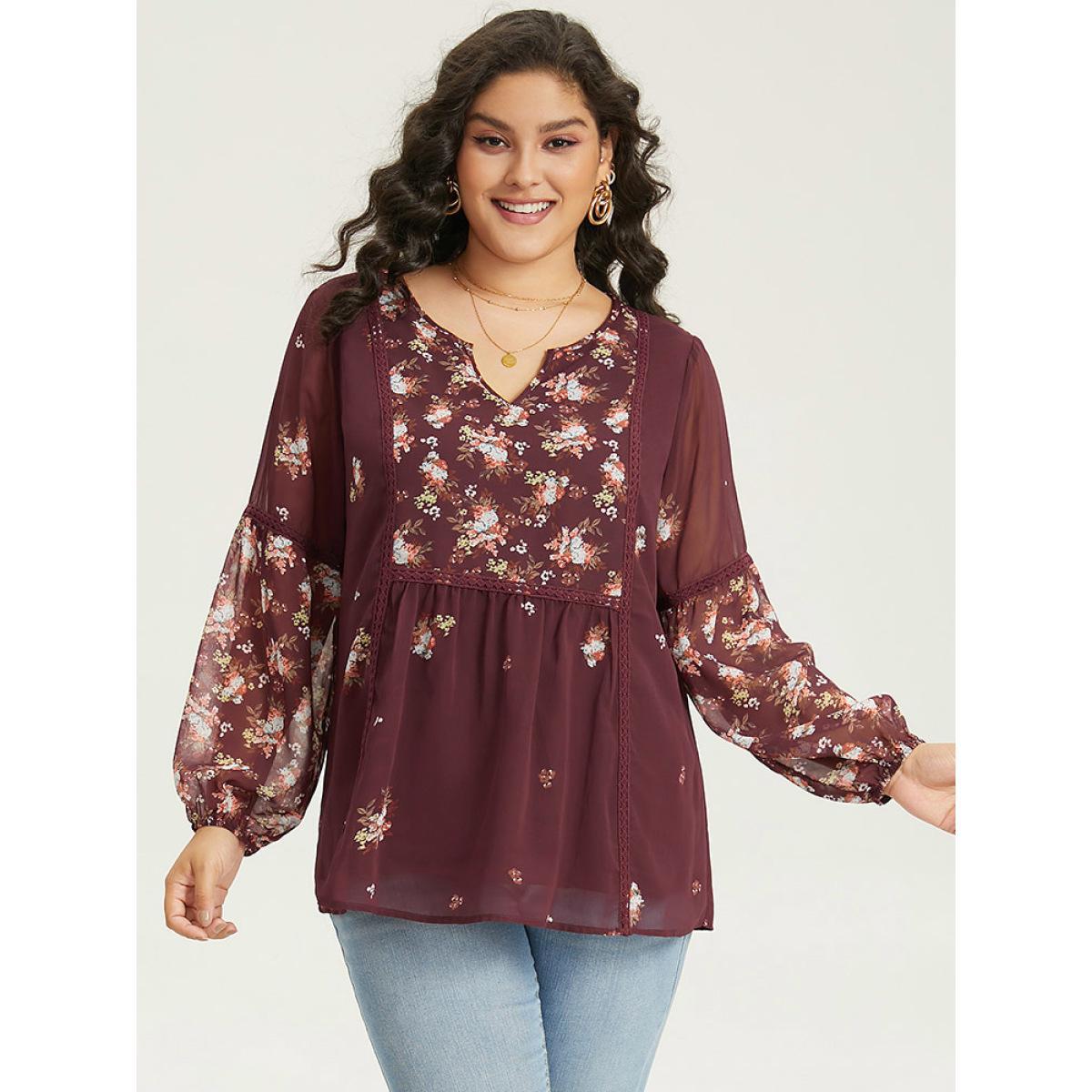 Plus Size Scarlet Floral Print Mesh Lace Patchwork Lantern Sleeve Blouse Women Elegant Long Sleeve V-neck Dailywear Blouses BloomChic 30/6X Product Image