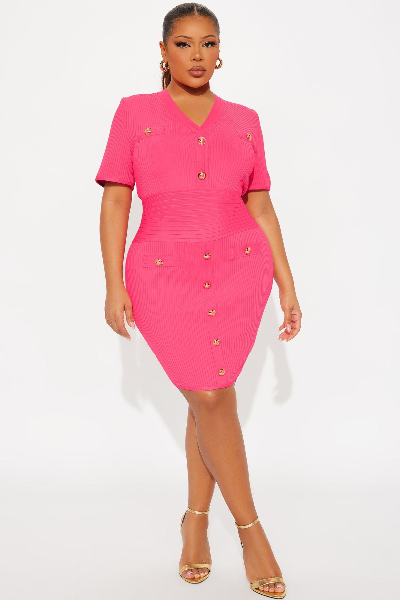 Brielle Button Short Sleeve Bandage Mini Dress - Hot Pink Product Image