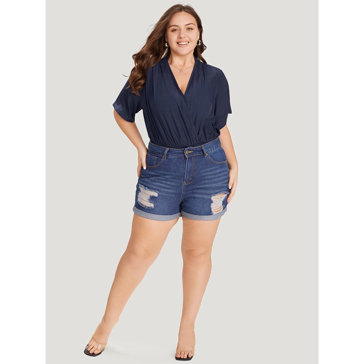 Plus Size Solid Overlap Collar Pleated Bodysuit Women Indigo Plain Wrap Bodysuits BloomChic 10/M Product Image