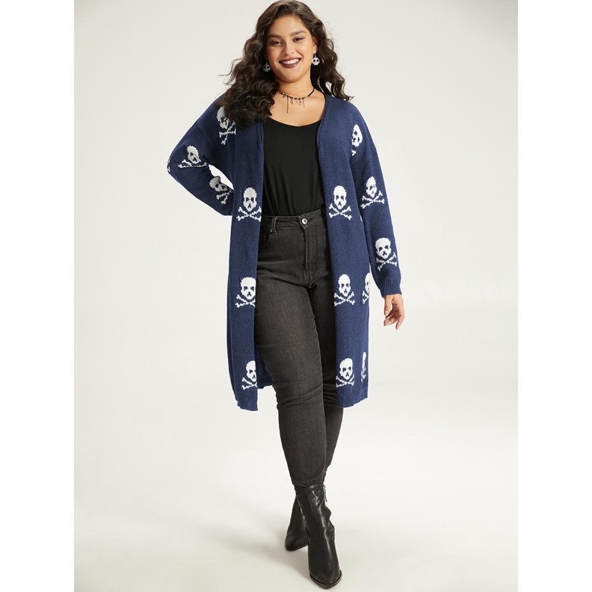 Plus Size Halloween Skull Print Split Side Drop Shoulder Maxi Cardigan Indigo Women Casual Loose Long Sleeve Festival-Halloween Cardigans BloomChic 14-16/1X Product Image