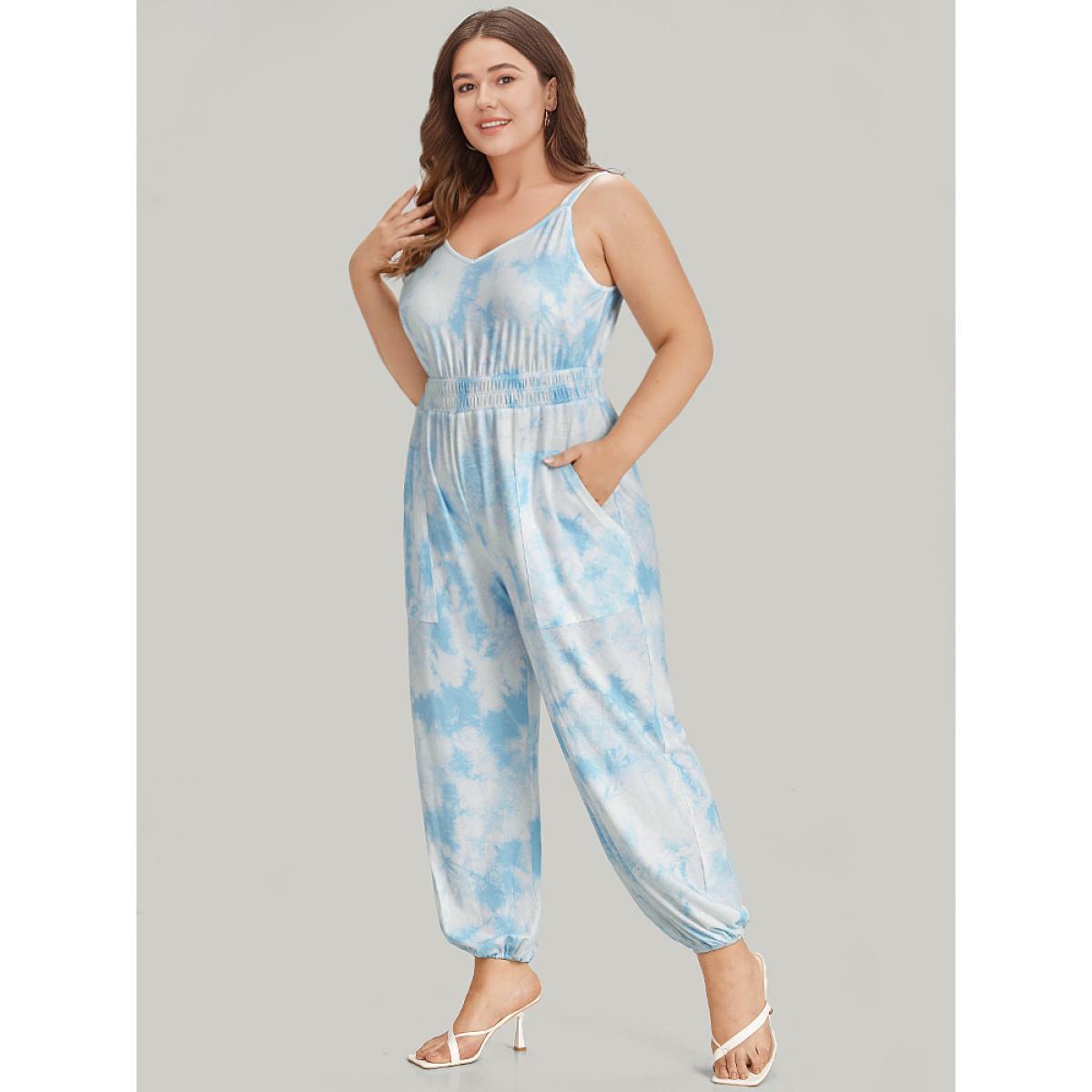 Plus Size LightBlue Tie Dye Pocket Shirred Cami Jumpsuit Women Casual Sleeveless Spaghetti Strap Dailywear Loose Jumpsuits BloomChic 14-16/1X Product Image