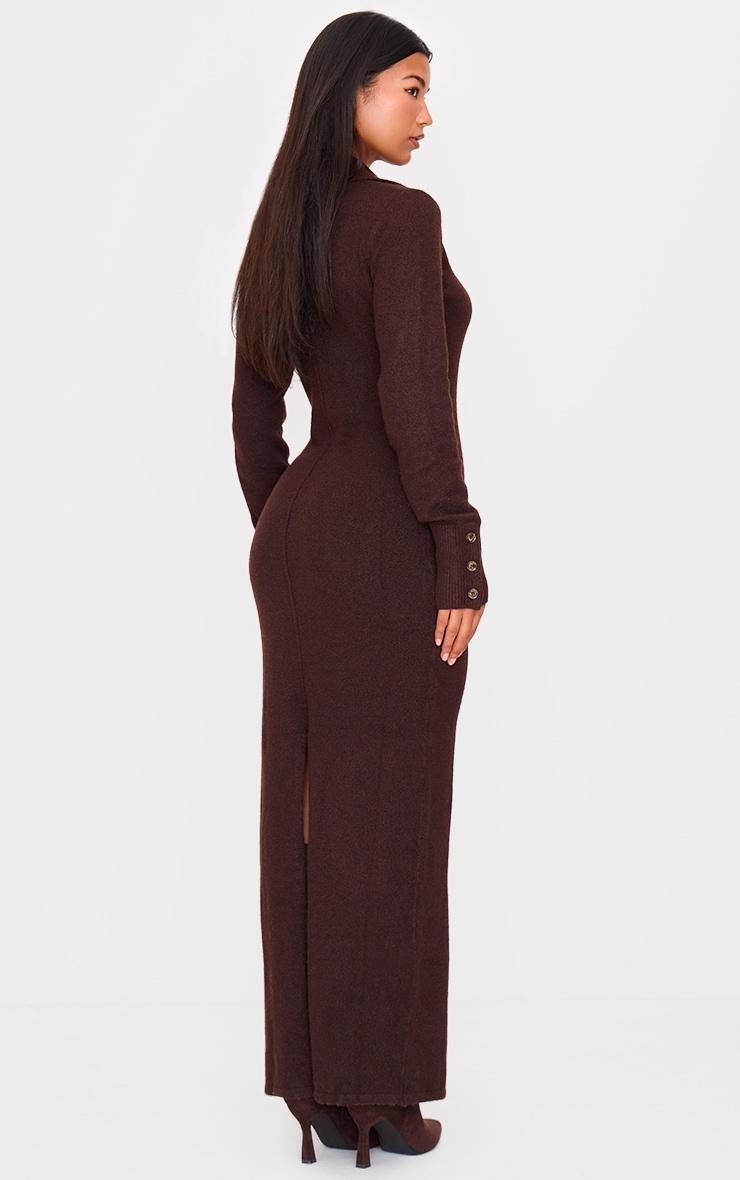Chocolate Soft Bobble Knit Button Up Collar Detail Maxi Dress Product Image