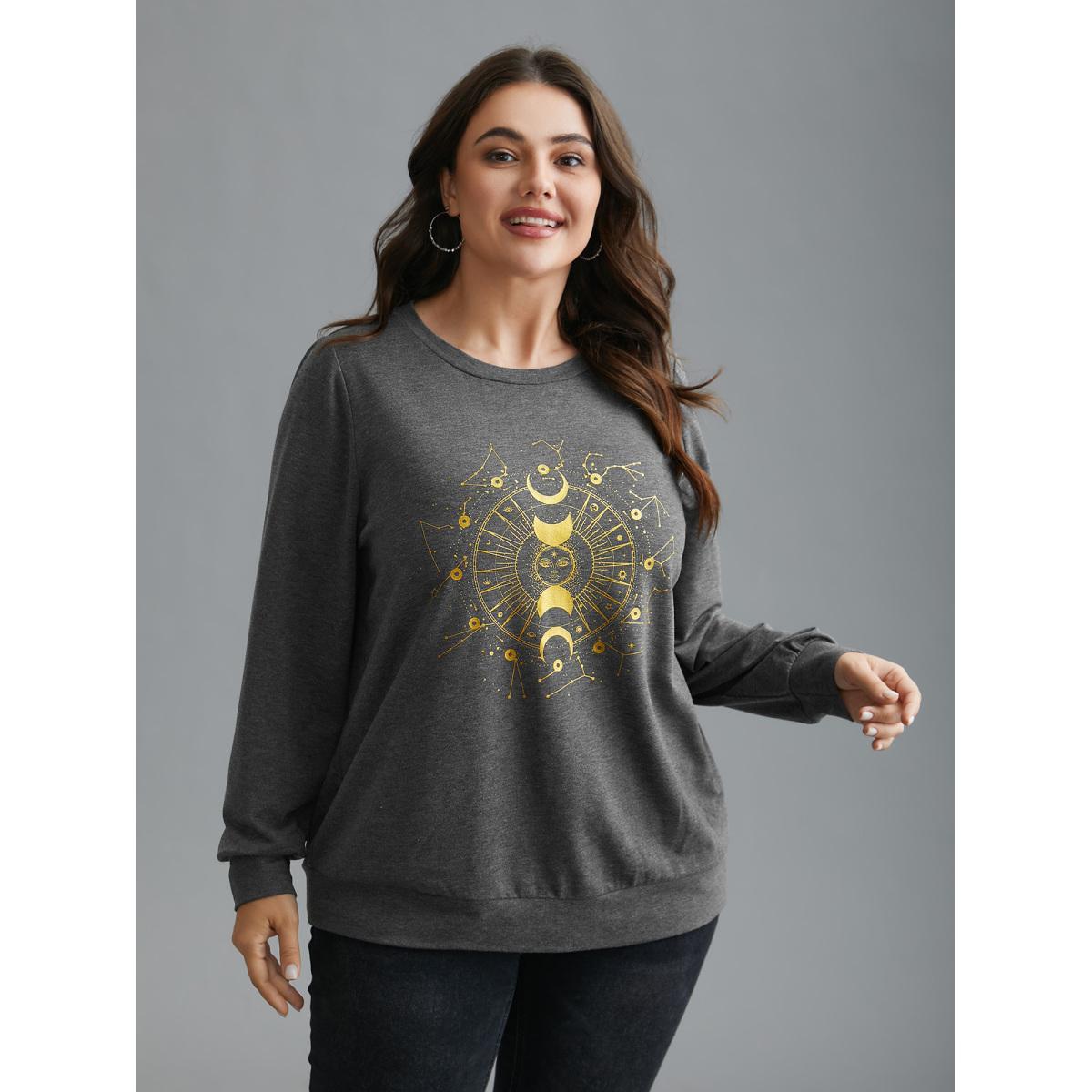 Plus Size Star & Moon Print Round Neck Sweatshirt Women DimGray Casual Non Round Neck Everyday Sweatshirts BloomChic 22-24/3X Product Image