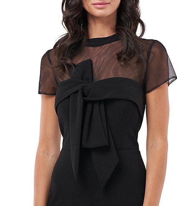 JS Collections Illusion Mock Neck Bow Front Short Sleeve Wide Leg Crepe Jumpsuit Product Image