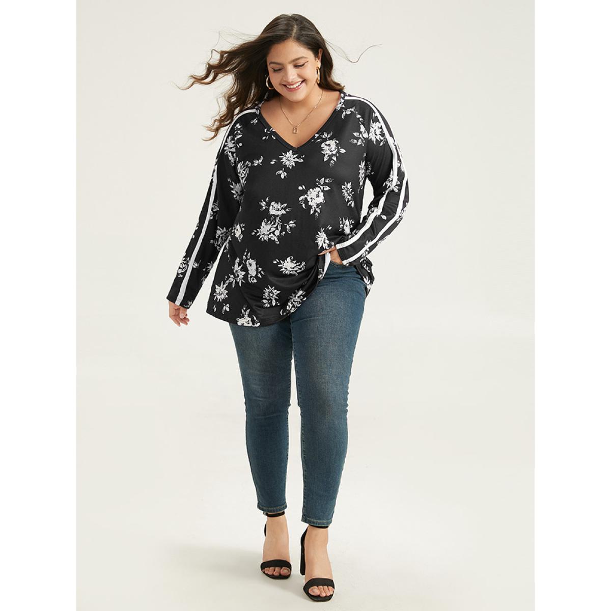 Plus Size Floral Raglan Sleeve Contrast Trim Sweatshirt Women Black Elegant Printed V-neck Everyday Sweatshirts BloomChic 18-20/2X Product Image