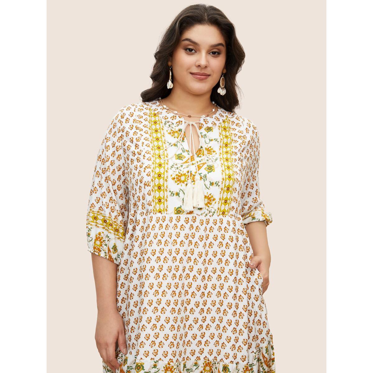 Plus Size Bandana Tassels Lantern Sleeve Ruffle Pocket Keyhole Neck Dress Yellow Women Resort V-neck Elbow-length sleeve Curvy Midi Dress BloomChic 10/M Product Image