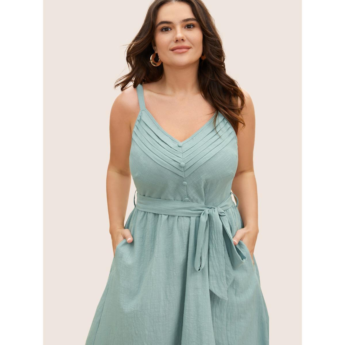 Plus Size Cotton Solid Pleated Button Detail Belted Dress Mint Women Casual Belted V-neck Sleeveless Curvy BloomChic 12/L Product Image